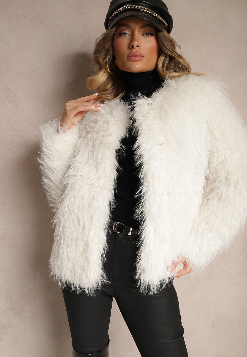 Jasnobeżowa Kurtka Futerko z Wsuwanymi Kieszeniami Esalonia