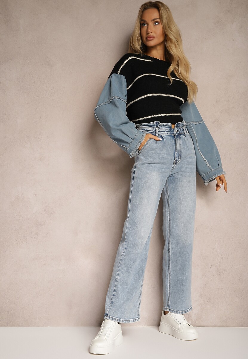 Niebieskie Jeansy Spodnie High Waist z Szerokimi Nogawkami Sancilla