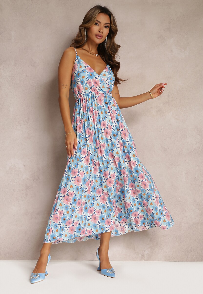 Jasnoniebieska Sukienka Maxi z Regulowanymi Ramiączkami o Plisowanym Fasonie Saino