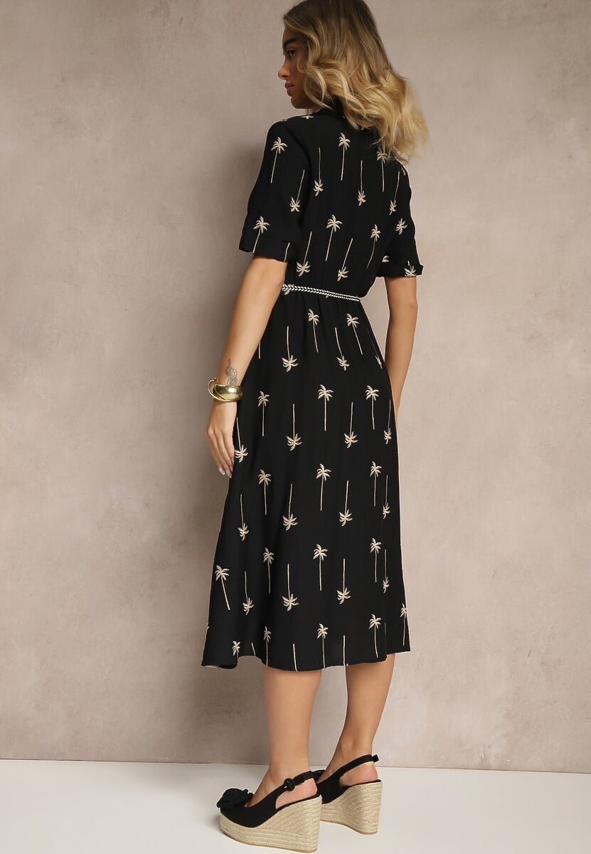 Czarna Koszulowa Sukienka z Wiskozy o Rozkloszowanym Kroju z Wiązaniem Liselithra