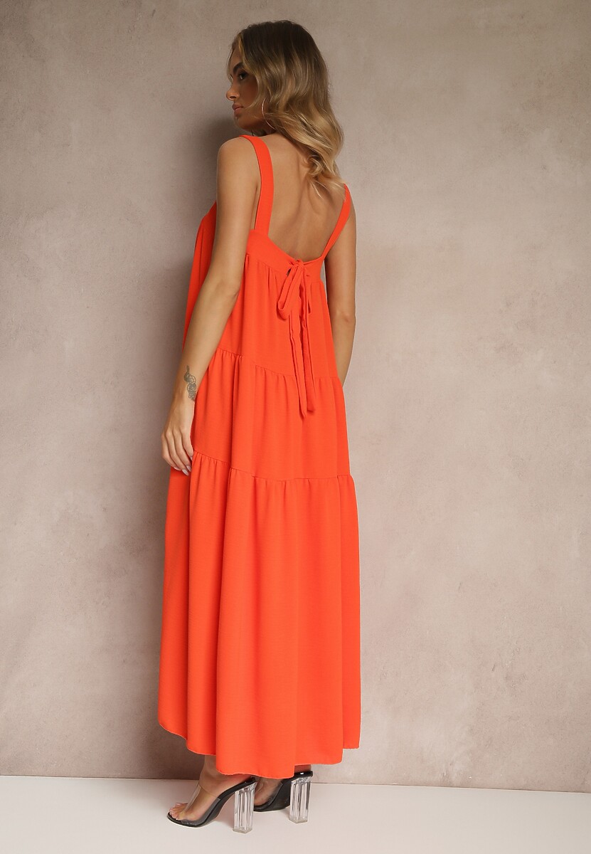 Pomarańczowa Rozkloszowana Sukienka Ozdobiona Wiązaniem na Plecach Saviande