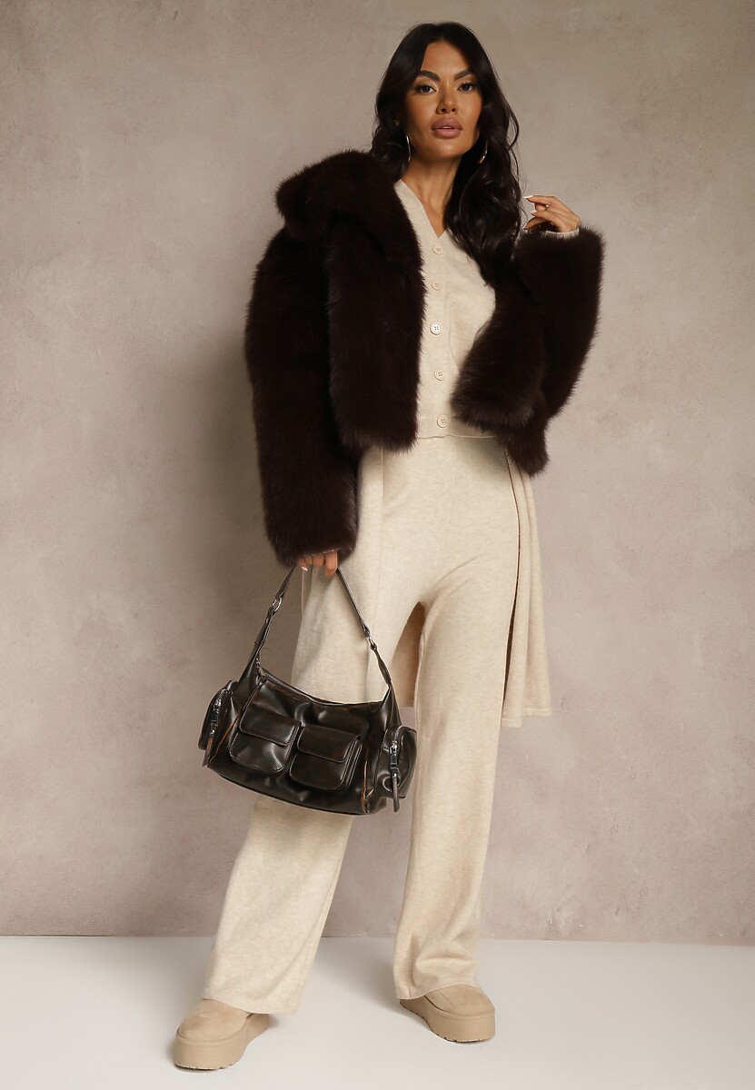 Jasnobeżowy Komplet z Dzianiny z Wełną Długi Kardigan Kamizelka i Spodnie Netivia