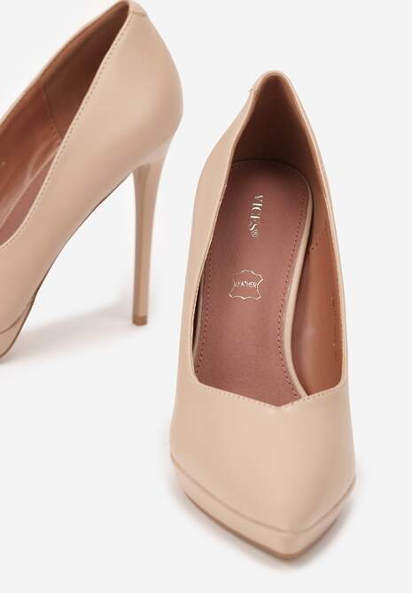 Beżowe Szpilki Vices na Grubej Podeszwie z Wkładką ze Skóry Naturalnej Ahrrie