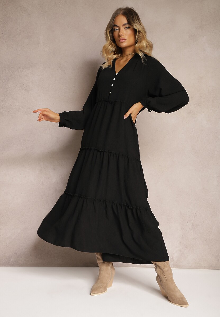 Beżowa Rozkloszowana Sukienka Maxi z Falbankami i Kołnierzykiem Rehtima