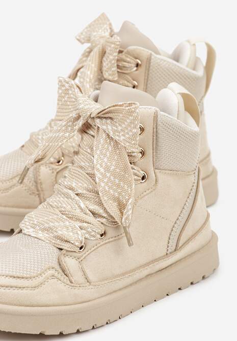 Beżowe Sneakersy Ozdobione Sznurówkami w Geometryczny Wzór Avoslia