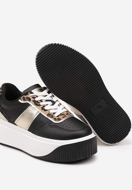 Czarne Sneakersy na Platformie z Metalicznym Zdobieniem i Printem w Panterkę Fonarien