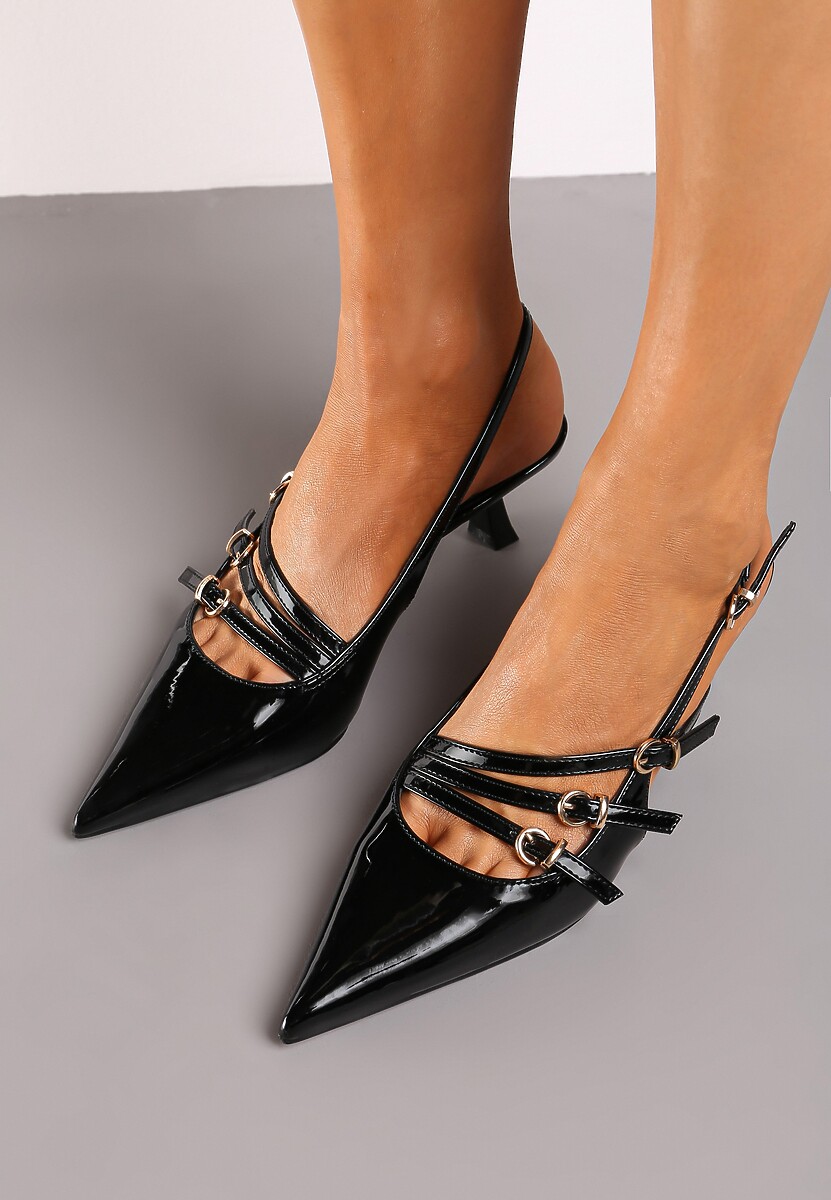 Czarne Czółenka Lakierowane Kaczuszki Bez Pięty Ozdobione Paskami ze Sprzączkami Arforia