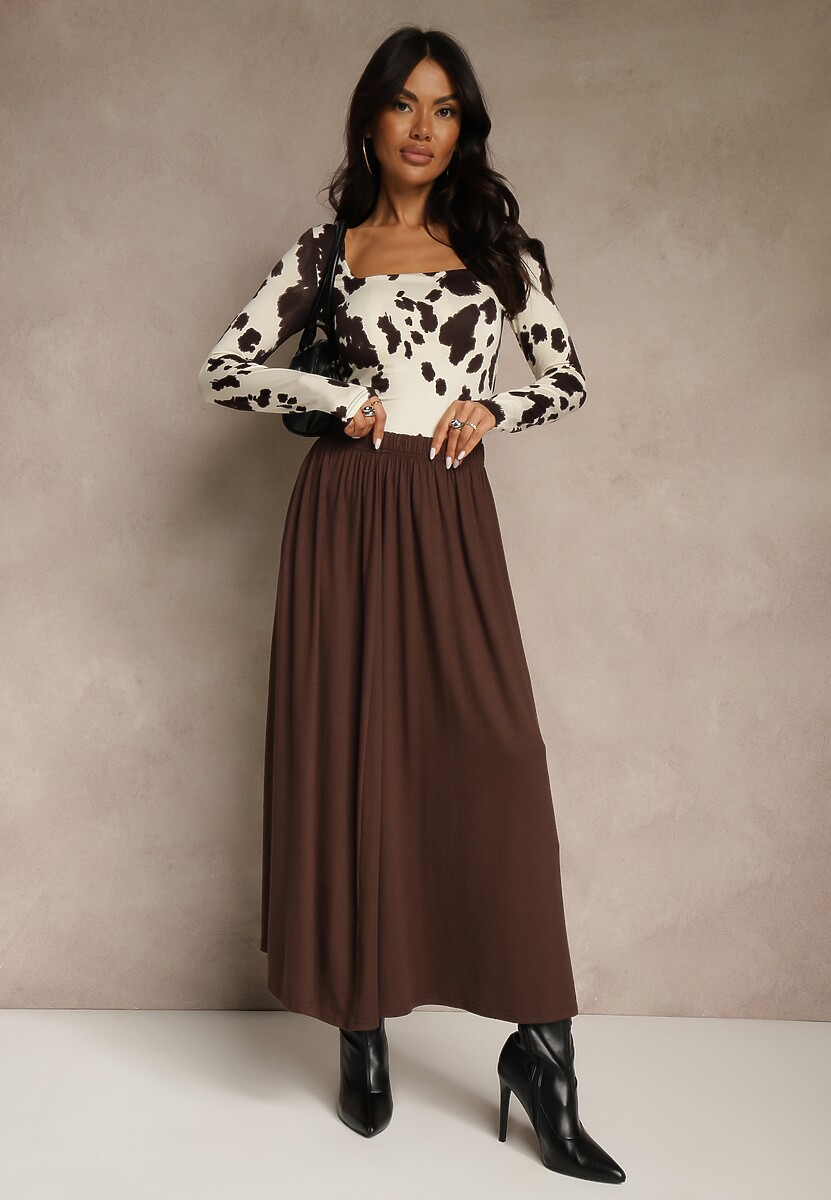 Brązowa Rozkloszowana Spódnica z Bawełny Tussala