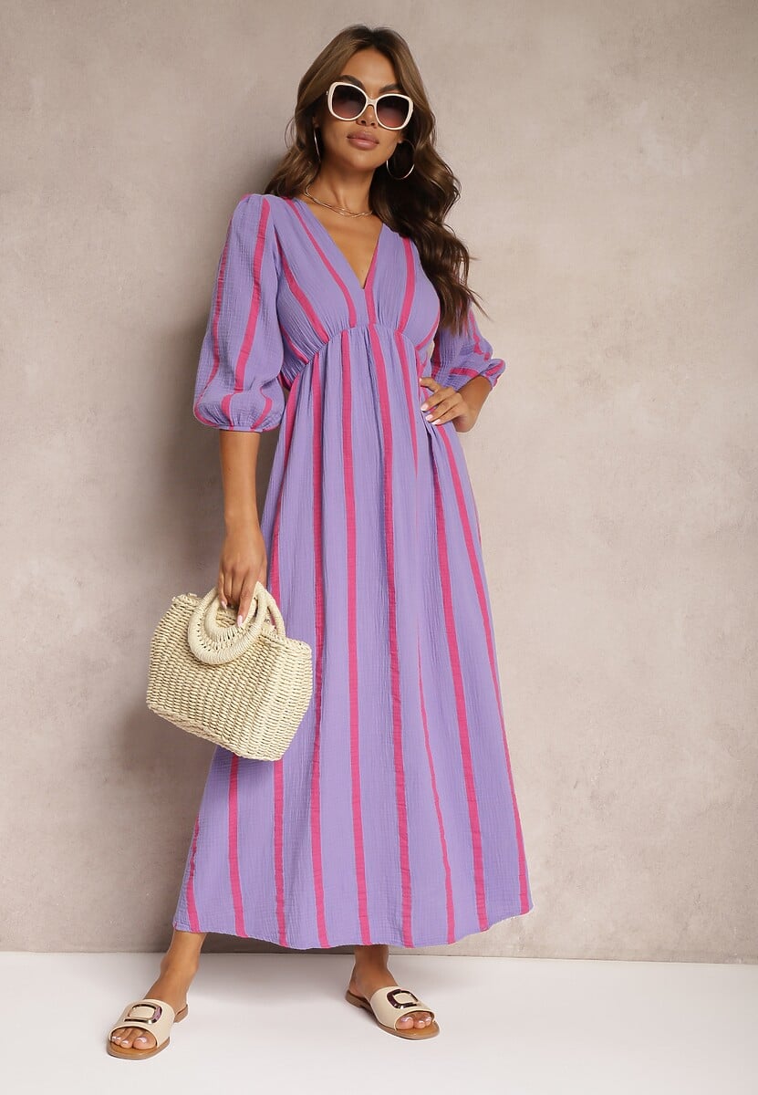 Fioletowa Bawełniana Sukienka w Paski o Rozkloszowanym Kroju Legelia