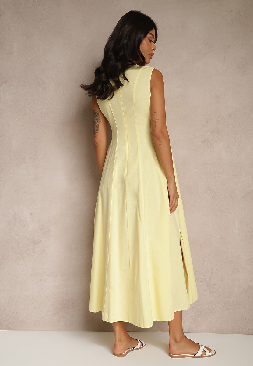 Żółta Sukienka Rozkloszowana z Wiskozą Bawełną i Rozcięciem na Nogę Saravisse