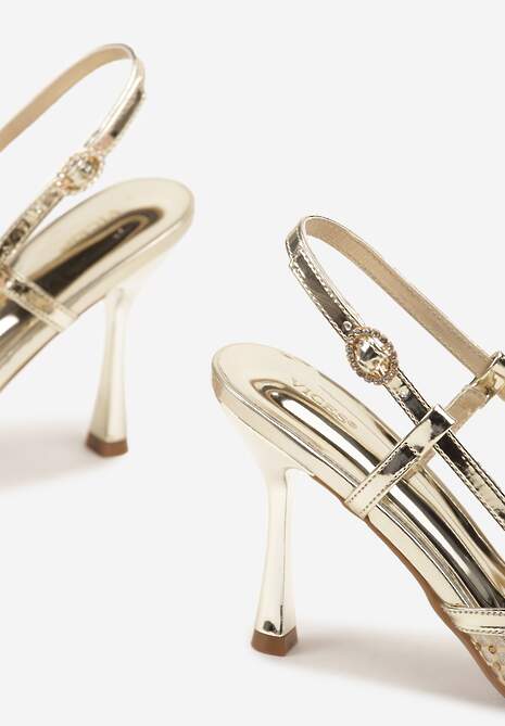 Złote Sandały na Szpilce Vices z Siateczkową Cholewką z Cyrkoniami Liramire