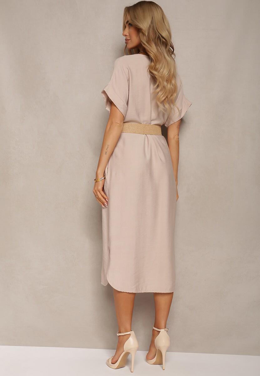 Jasnobeżowa Sukienka z Wiskozy z Trójkątnym Dekoltem i Paskiem z Plecionki Diremia