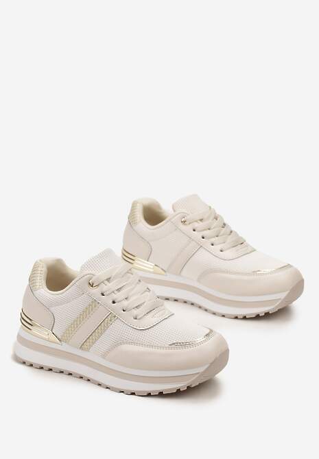 Beżowe Sneakersy na Podeszwie w Paski z Metalicznymi Wstawkami i Siateczką Silenalo