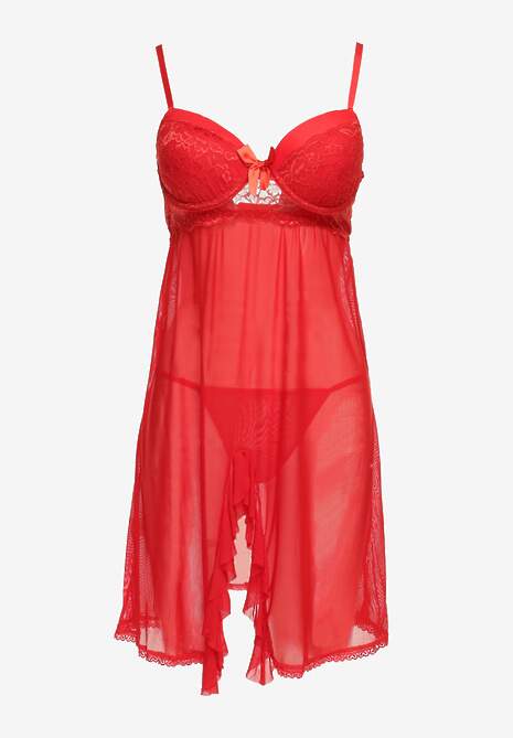 Czerwona Prześwitująca Koszula Nocna z Koronką i Stringami Remielia