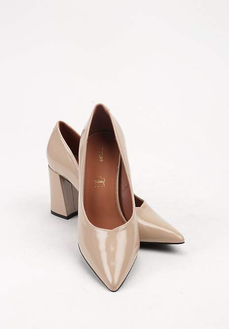 Beżowe Czółenka Lakierowane Vices na Słupku z Wkładką ze Skóry Naturalnej Modvire