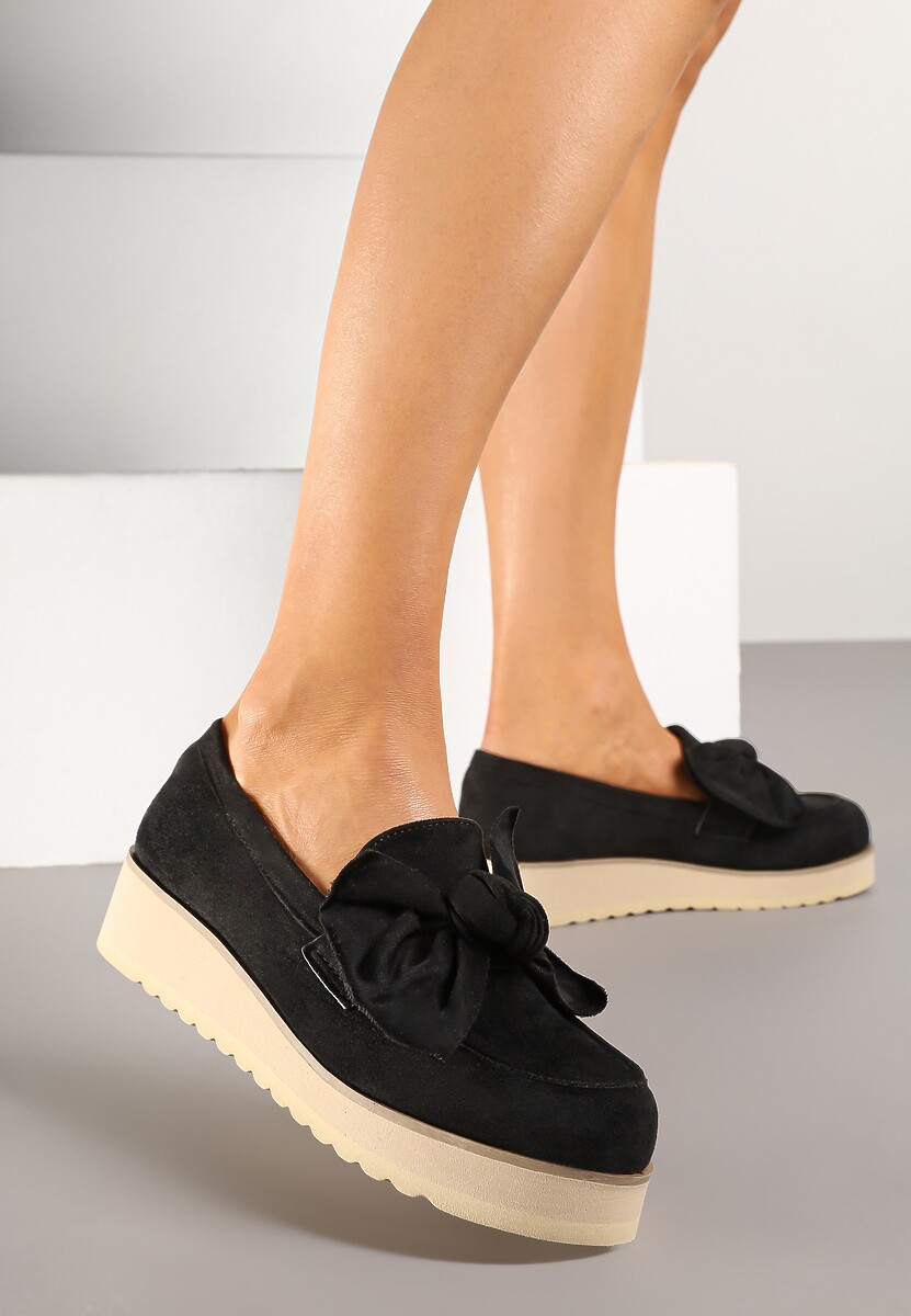 Niebieskie Mokasyny z Ekozamszu na Niskiej Platformie z Ozdobną Kokardą Nusalena