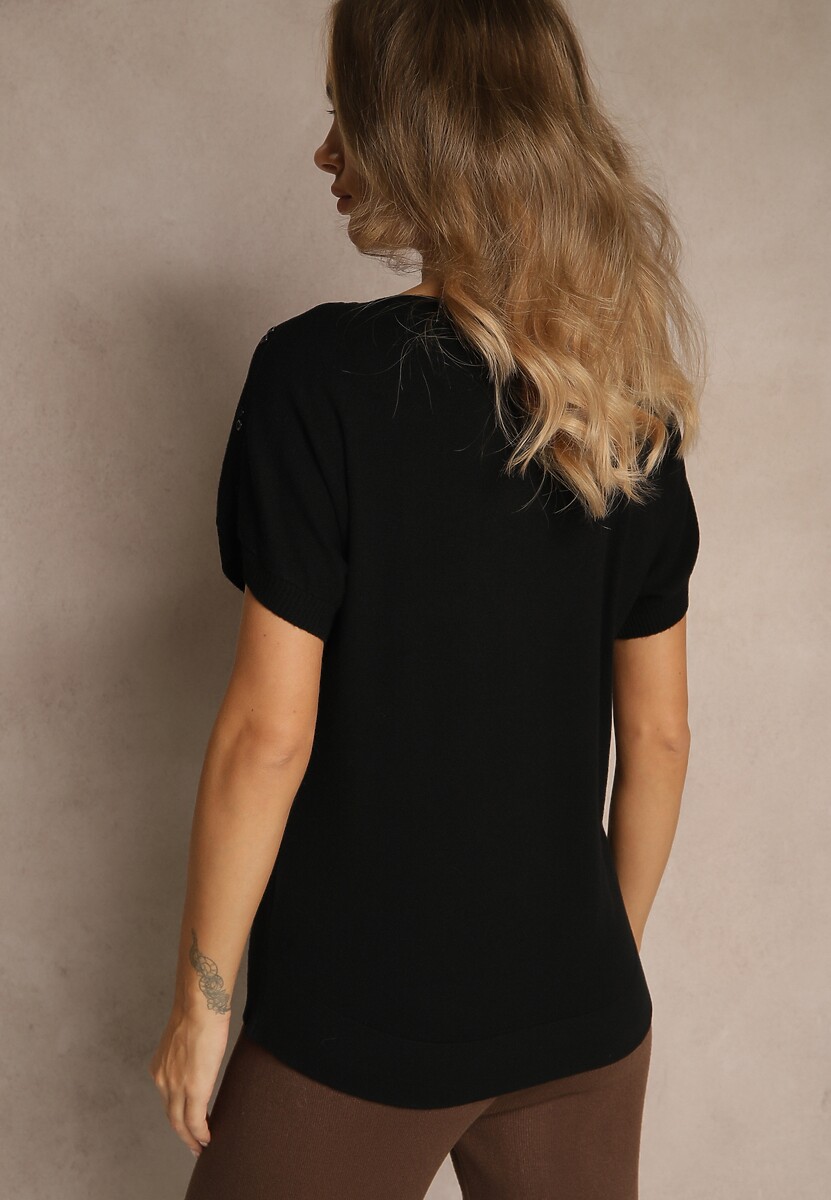 Czarna Dzianinowa Bluzka z Cyrkoniowymi Aplikacjami Fenellia