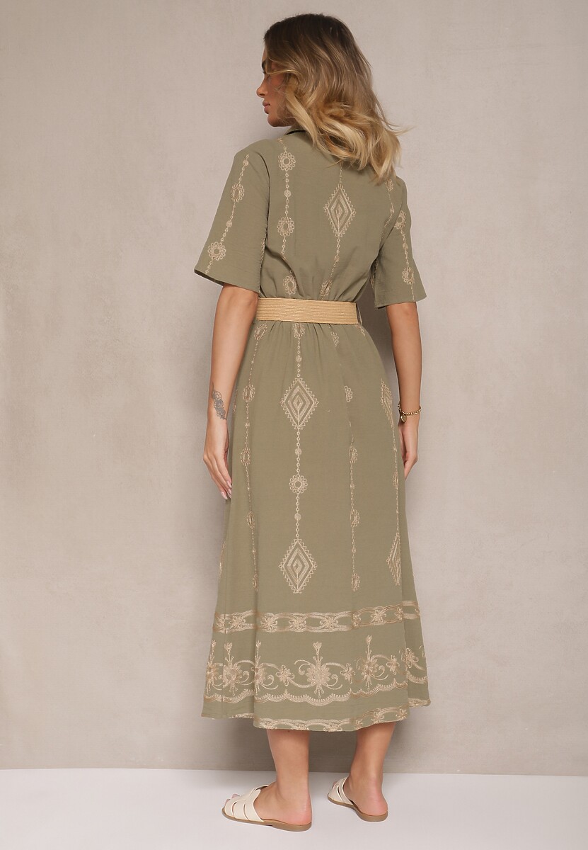 Ciemnozielona Koszulowa Sukienka z Bawełny z Plecionym Paskiem Sariene