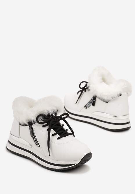 Białe Sznurowane Botki Sneakersy z Futerkiem Gameda