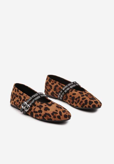 Panterkowe Balerinki z Tweedowym Akcentem i Dwiem Sprzączkami Gavirna