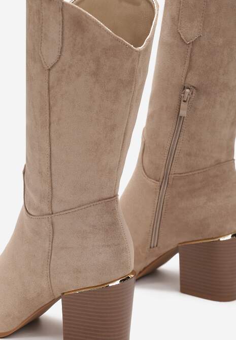 Ciemnobeżowe Botki w Stylu Kowbojek na Obcasie z Długą Cholewką Mabilla