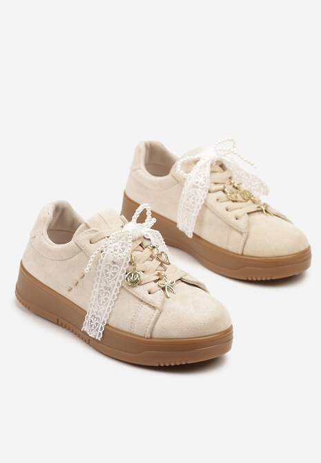 Beżowe Sneakersy na Niskiej Platformie z Aplikacjami i Kokardkami Divienne