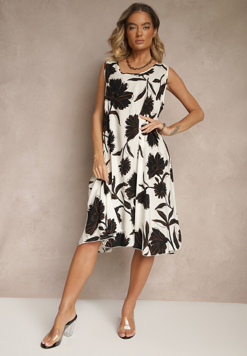 Czarna Sukienka Bez Rękawów z Tkaniny Wiskozowej w Kwiaty Orrivia