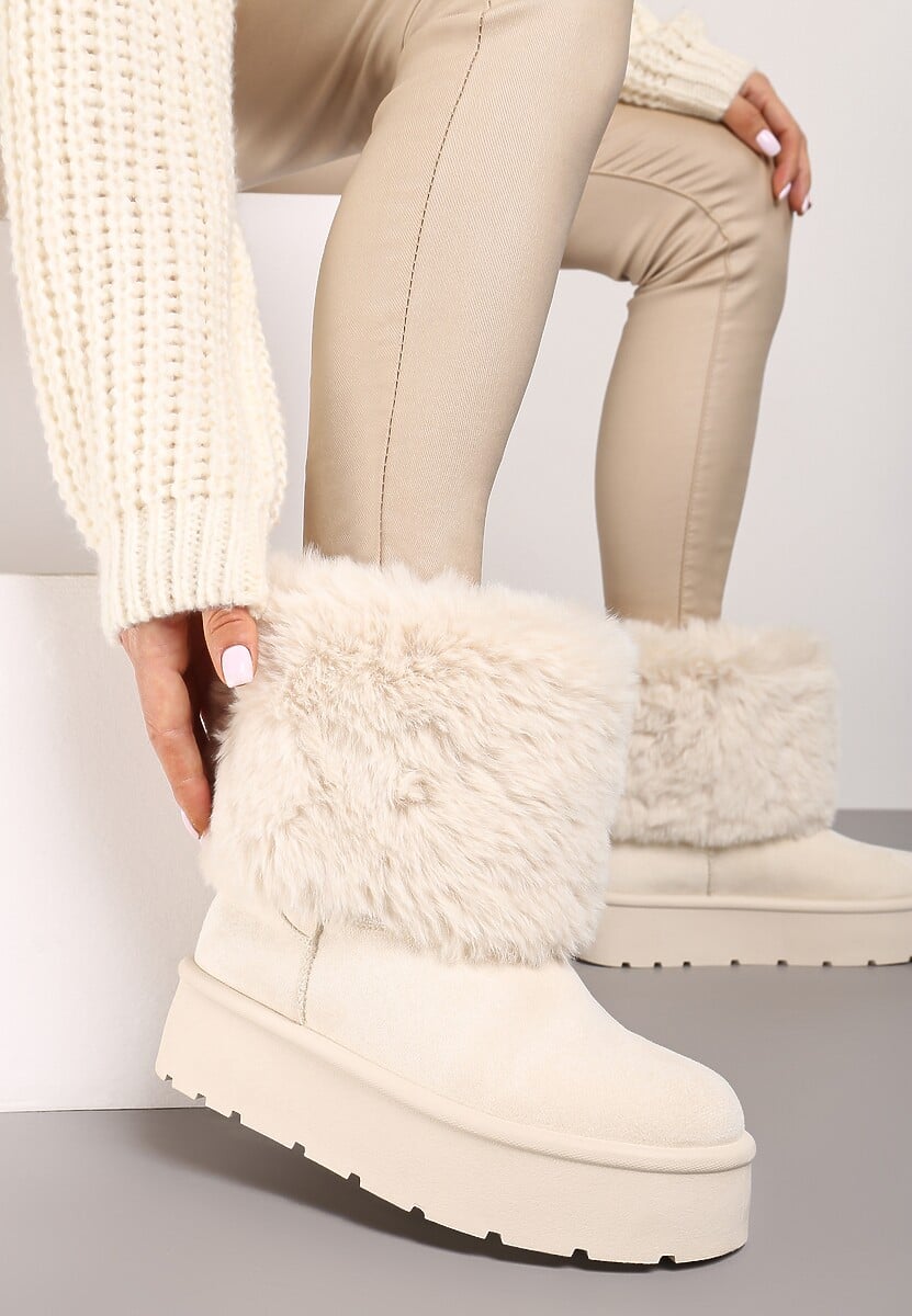 Beżowe Śniegowce na Grubej Podeszwie Ozdobione Futerkiem Naolani