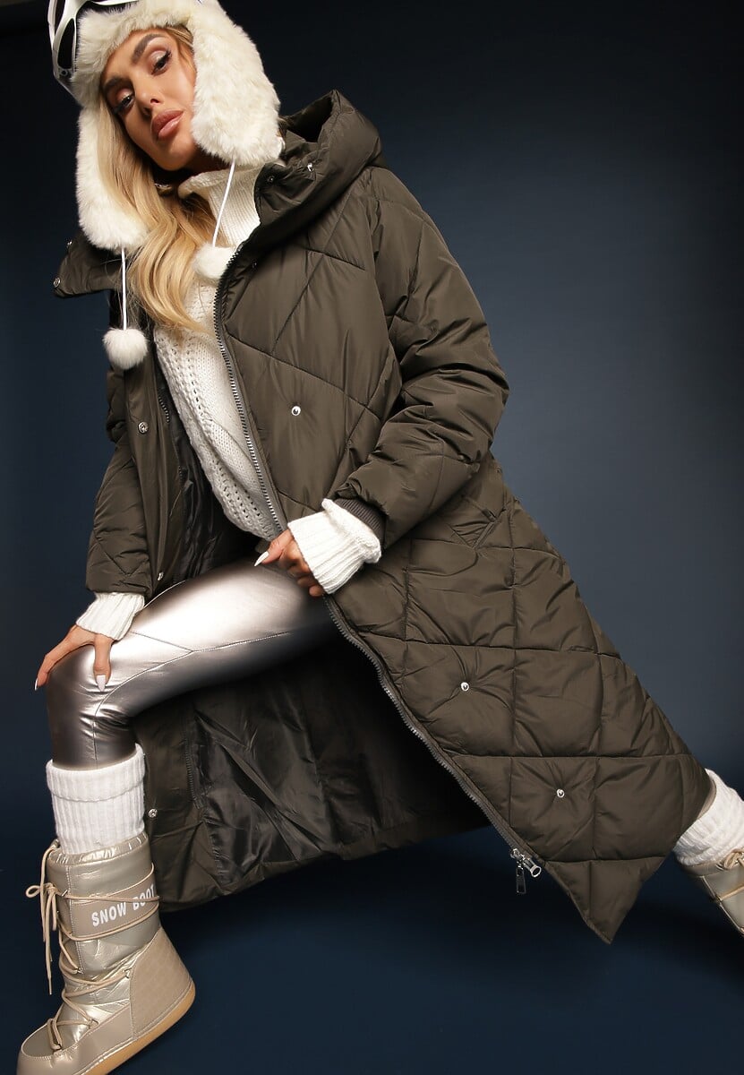 Biała Pikowana Kurtka Płaszcz za Kolano z Kapturem Kinassan