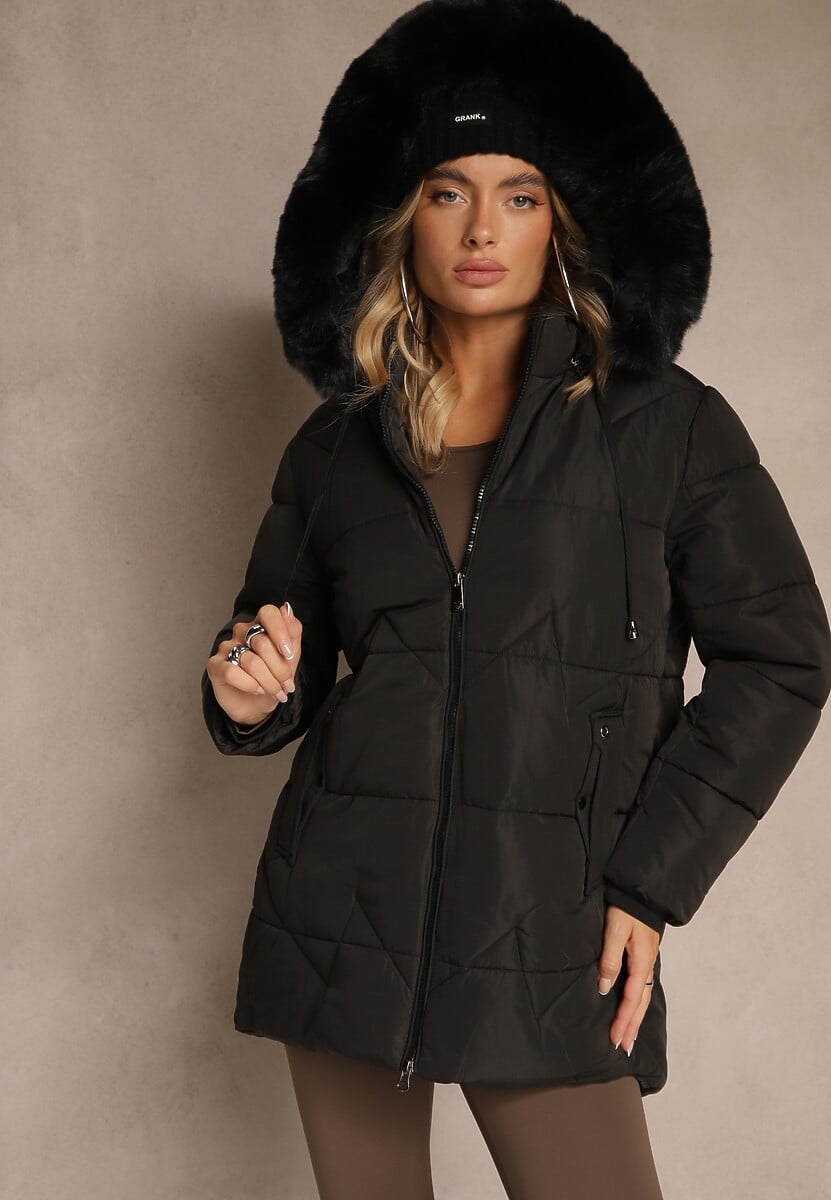 Brązowa Klasyczna Kurtka z Pikowanymi Przeszyciami i Kapturem z Futrem Mundrie