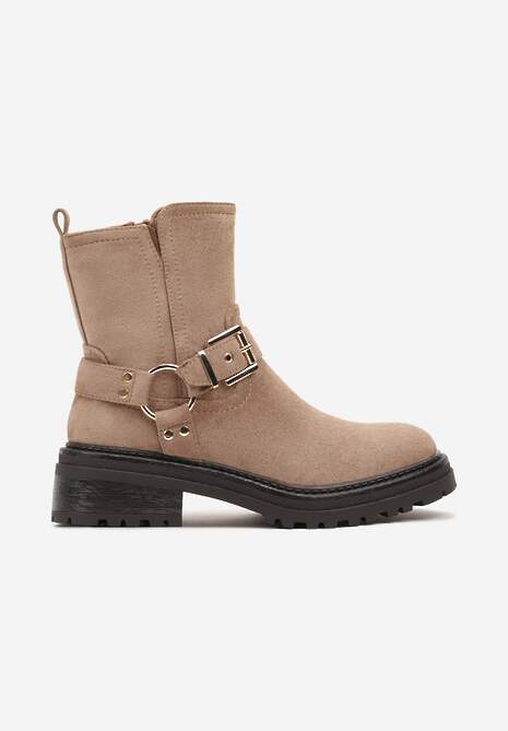 Ciemnobeżowe Botki w Motocyklowym Stylu z Ekozamszu z Ozdobną Klamrą przy Cholewce Ninnaria
