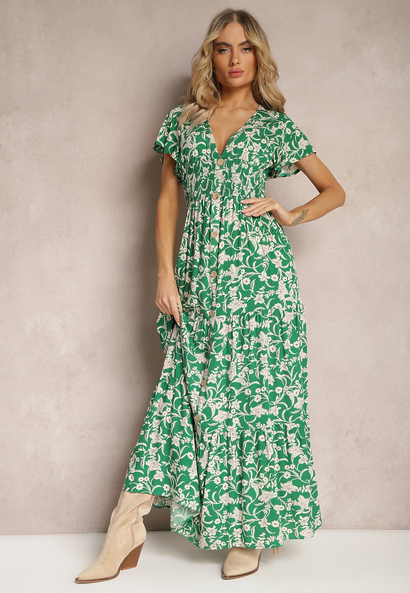 Zielona Sukienka z Gumką w Pasie w Kwiatowy Wzór z Ozdobnymi Guzikami Ellsa