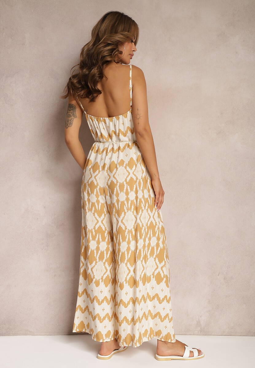 Beżowy Kombinezon z Wiskozy na Cienkich Ramiączkach o Geometrycznym Wzorze z Paskiem Vikine