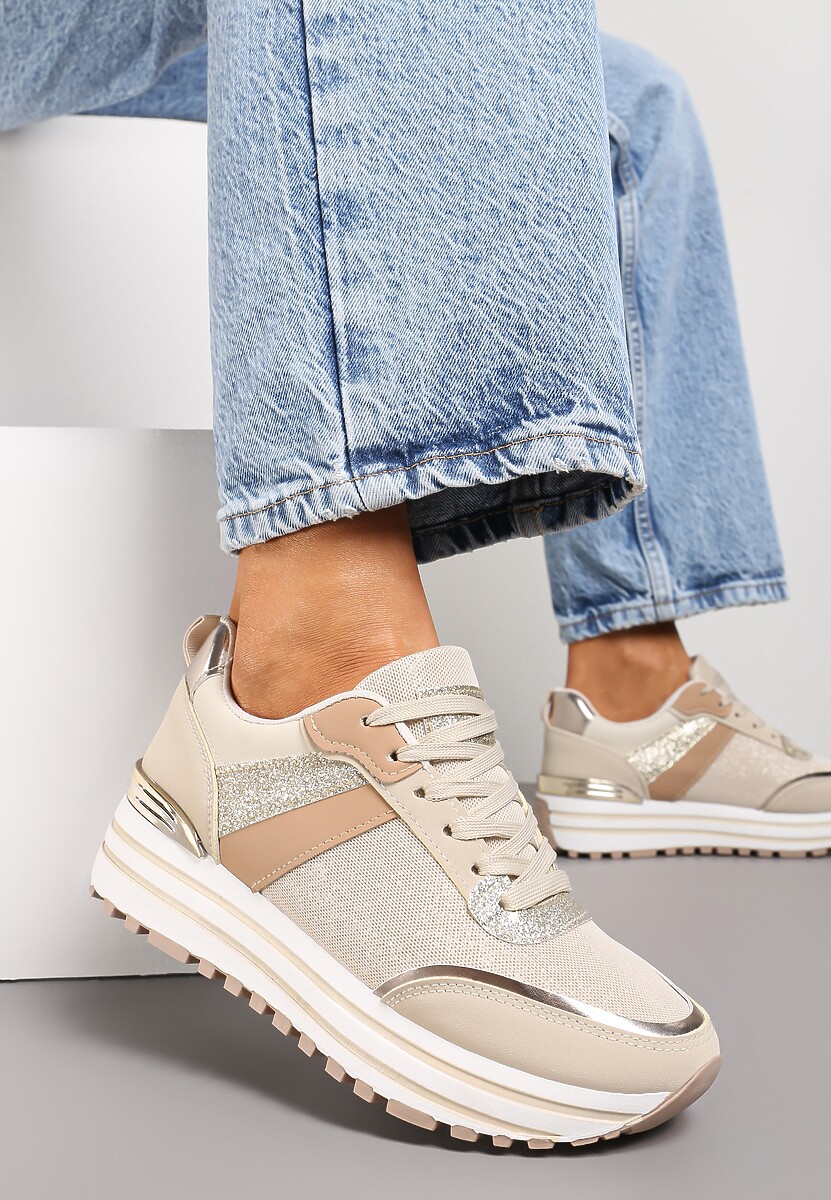 Czarne Sneakersy z Brokatem na Ozdobnej Grubej Podeszwie Rilveia