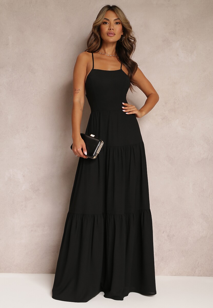 Czarna Rozkloszowana Maxi Sukienka z Falbankami i Wiązaniem na Tyle Karins