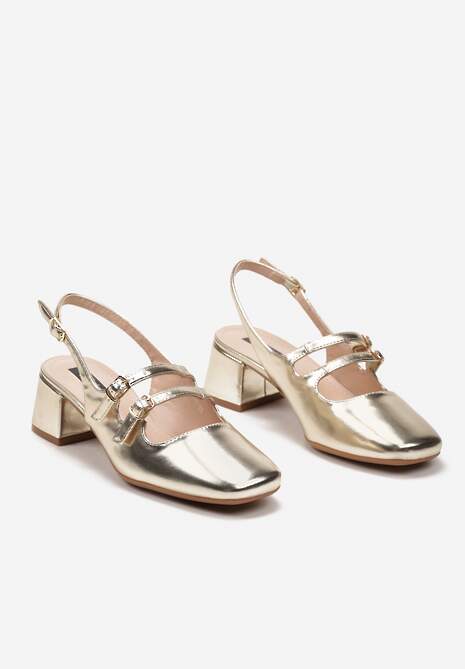 Złote Czółenka na Niskim Słupku ze Sprzączkami i Noskiem w Kwadrat Seraphela