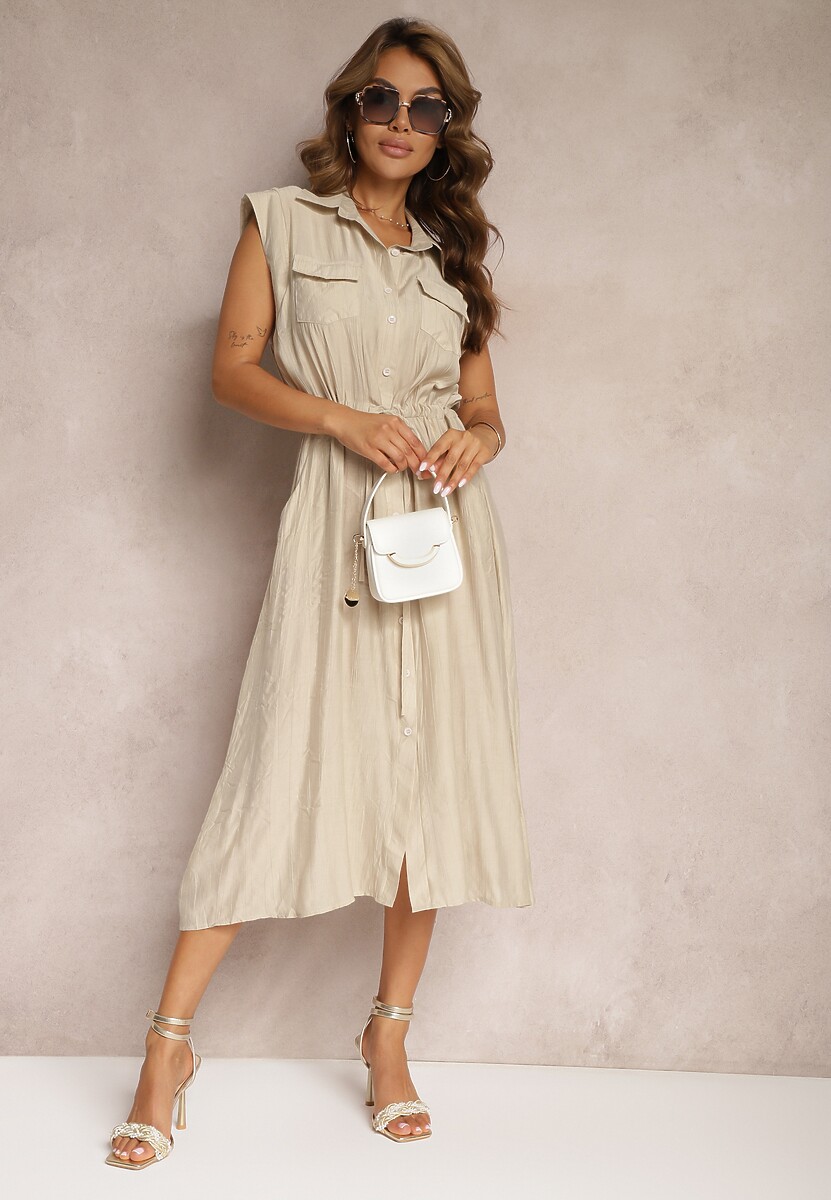 Beżowa Koszulowa Sukienka z Wiskozy bez Rękawów ze Ściągaczem w Talii Noreviana