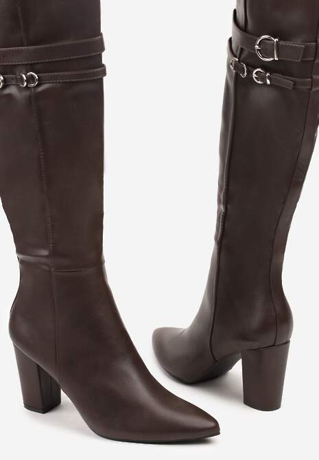 Brązowe Kozaki do Kolan na Słupkowym Obcasie ze Sprzączkami na Paskach Miobela