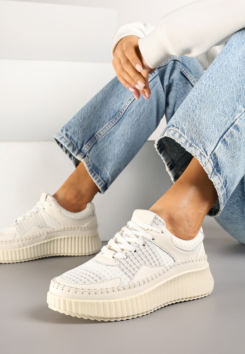 Beżowe Sneakersy z Przeszyciami i Skórzaną Wkładką na Grubej Podeszwie Daliren