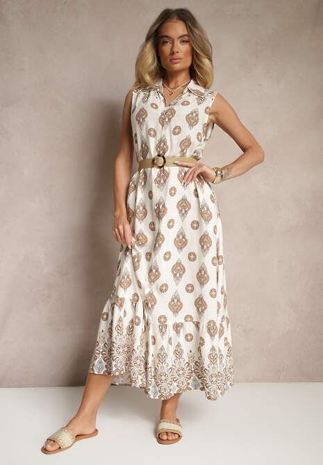 Beżowa Koszulowa Sukienka z Wiskozy Ozdobiona Paskiem z Klamrą Eranelis