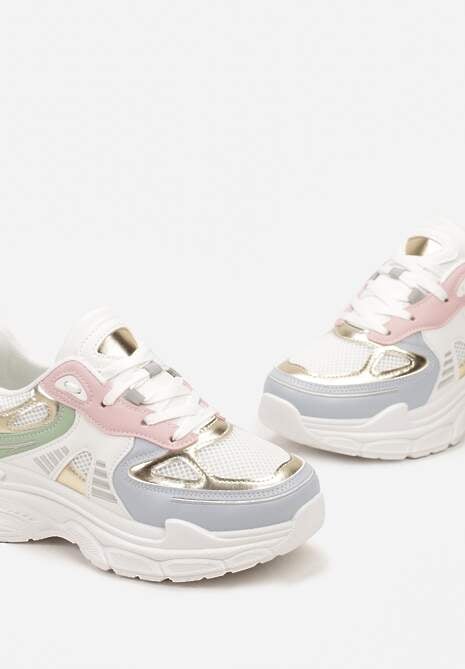 Biało-Niebieskie Sneakersy na Tłoczonej Podeszwie z Ozdobnymi Wstawkami Lanevi