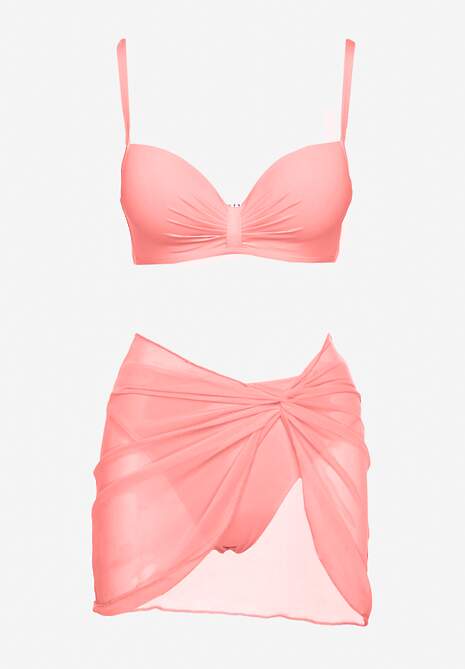 Jasnoróżowe Bikini Majtki Typu Figi Marszczony Biustonosz i Pareo Natovena