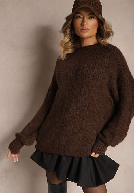 Brązowy Klasyczny Sweter z Wełną i Wiskozą o Luźnym Kroju Omethea