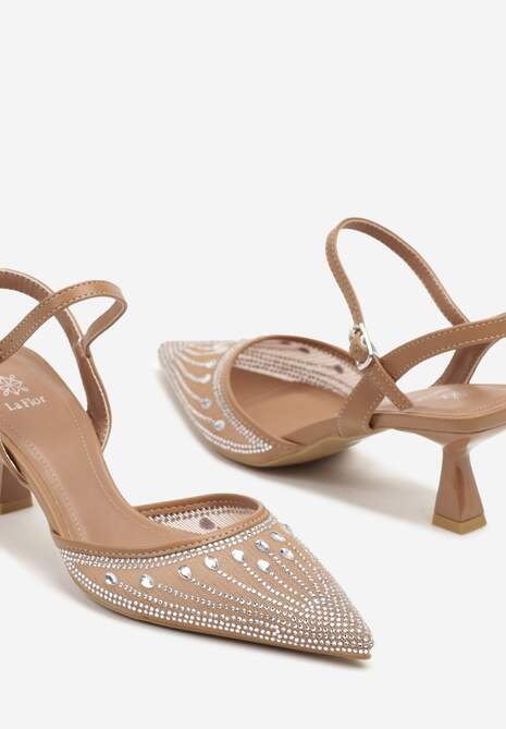 Brązowe Sandały na Kaczuszce ze Szpiczastym Noskiem Zdobionym Cyrkoniami Adive