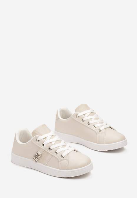 Beżowe Sneakersy z Ozdobną Klamrą i Cholewką przed Kostkę Teralis