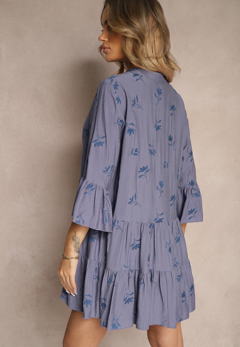 Niebieska Rozkloszowana Sukienka z Wiskozą Zdobiona Haftem i Falbanami Aliorra