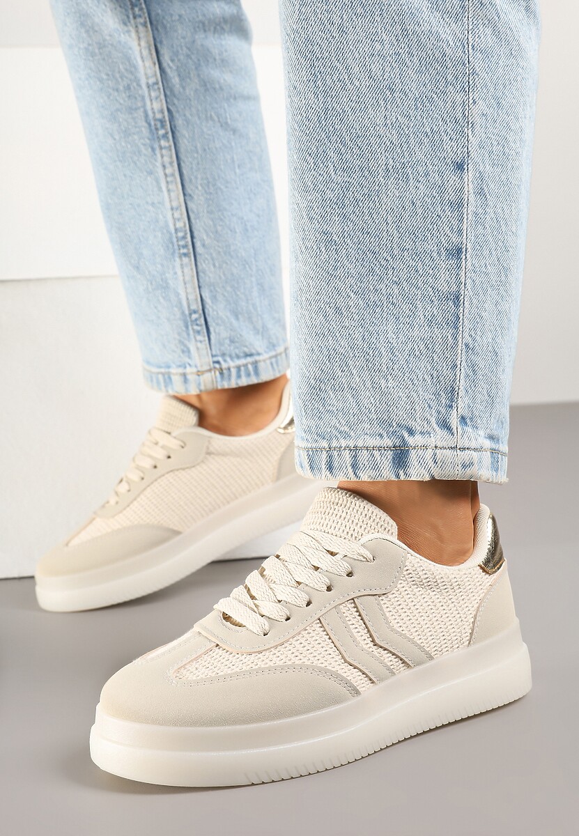 Beżowe Sneakersy Tenisówki Ozdobione Paskami Falovinia