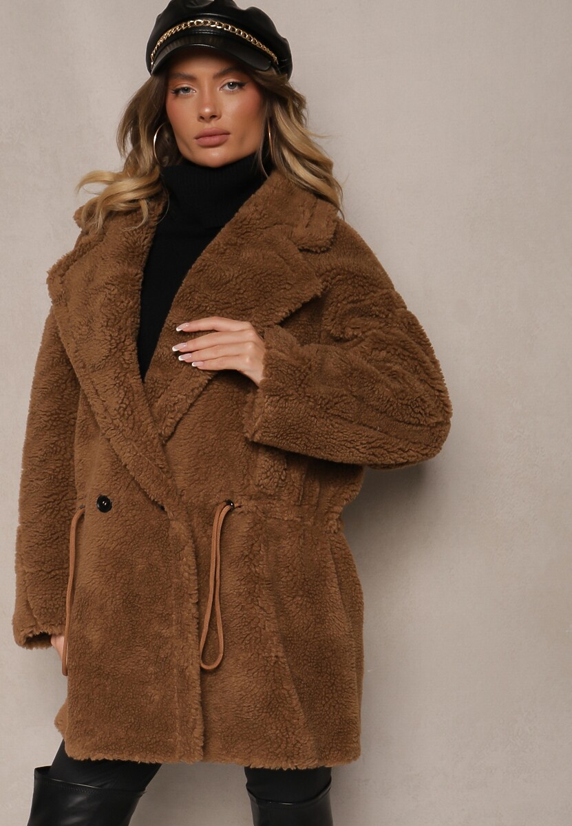 Brązowa Kurtka Futerko w Stylu Teddy Ściągane w Talii Enarithiel