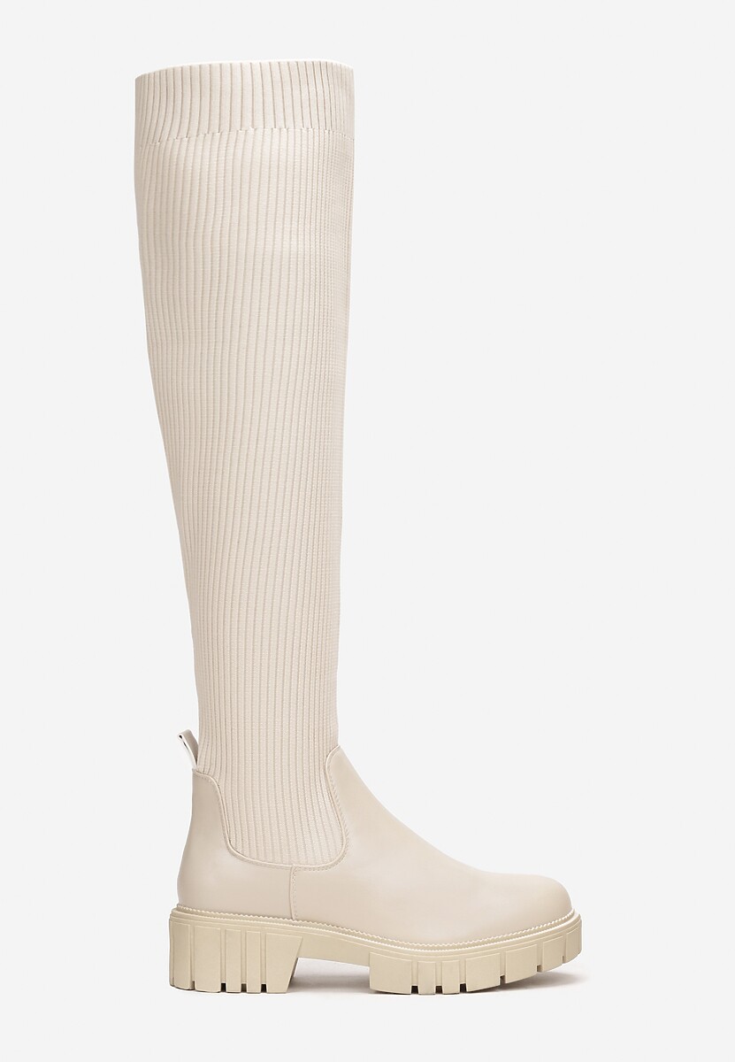 Beżowe Kozaki z Elastyczną Cholewką za Kolano Meyo