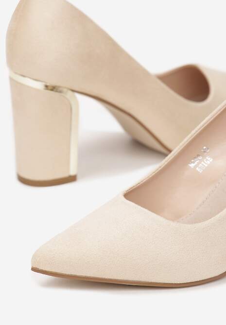 Beżowe Czółenka na Ozdobnym Słupku z Wkładką ze Skóry Naturalnej Vayla